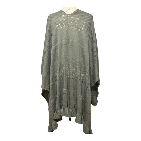 Tea Green Chunky Open Knit Ruffle Shawl Wrap Lagenlook Winter Layering Piece OS - Picture 4 of 15